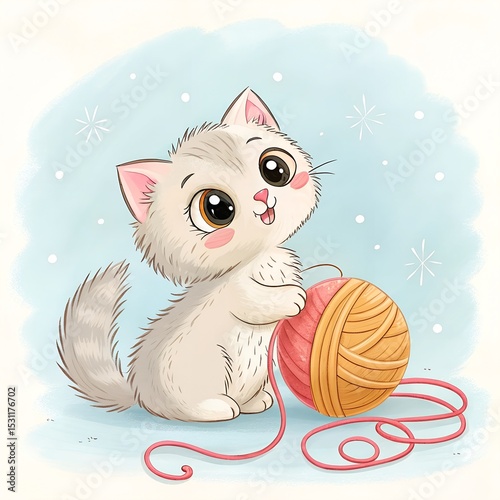 kitten and yarn art print cute nursery decor