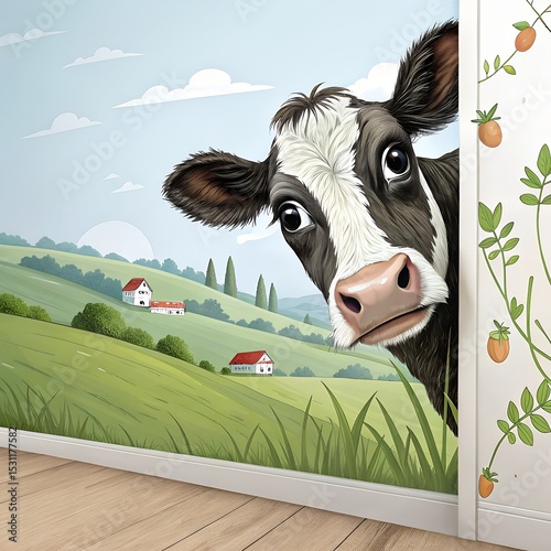 playful cow peeking around the corner artistic