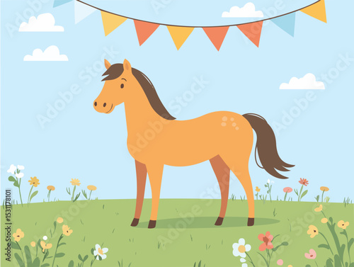 Vector Illustration of a Brown Horse Standing Proudly in a Blooming Field with Festive Atmosphere and Bright Colorful Vibes