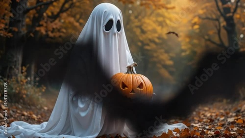Halloween featuring a ghost wrapped in white cloth holding a carved pumpkin against a fall background with flying bats. 4k video
