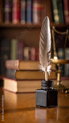 Elegant quill pen in inkwell with antique books and scales of justice, vintage law and writing setup on a wooden desk