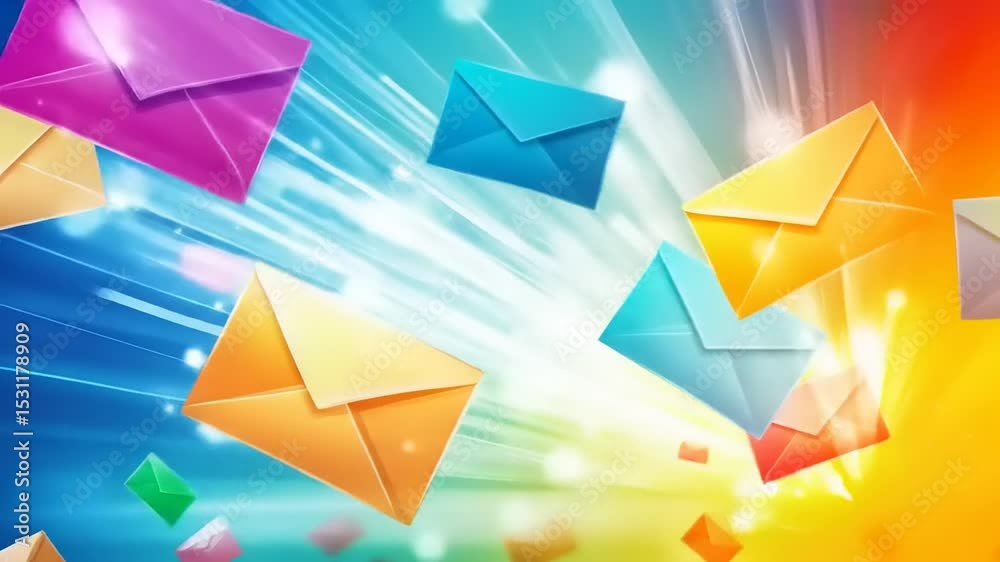 Colorful envelopes floating through a vibrant background, representing communication and connection