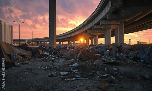 Urban homeless encampment under highway overpass at sunset with dramatic sky