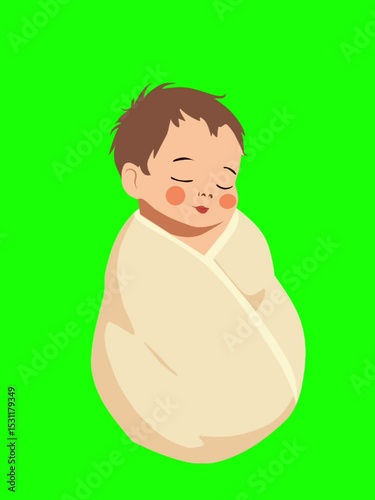Animation of a baby sleeping in a swaddle slowly moving from left to right on a green background. Ideal for parenting content, children's education, and baby-themed videos.