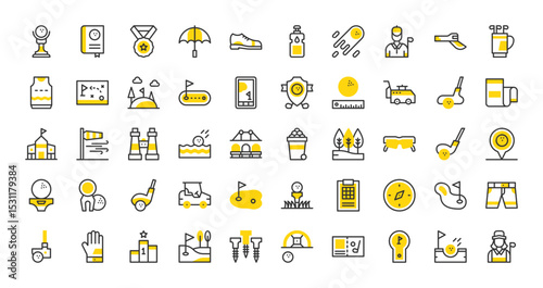 Set of Golf vector stroke icons. such as Golf Club, Hill,  Umbrella, Trees, Hole In One, Binocular, Golf Gloves, Lake, Golf Cart, Golf Caddy, Lessons, Distance, Basket, Bag, Field, Stick illustration.