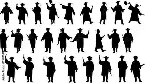 Graduation silhouettes set, education pack of vector silhouette design, isolated background
