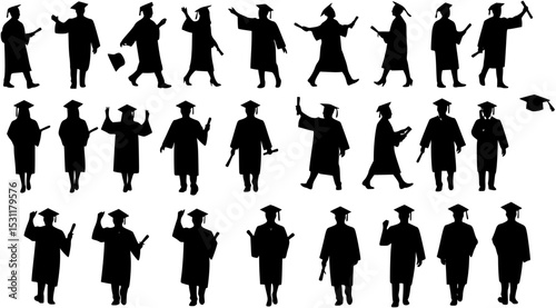 Graduation silhouettes set, education pack of vector silhouette design, isolated background
