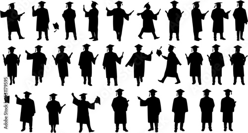 Graduation silhouettes set, education pack of vector silhouette design, isolated background
