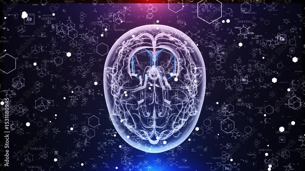 Brain Scan with Chemical Formulas and Elements Floating in Digital ...