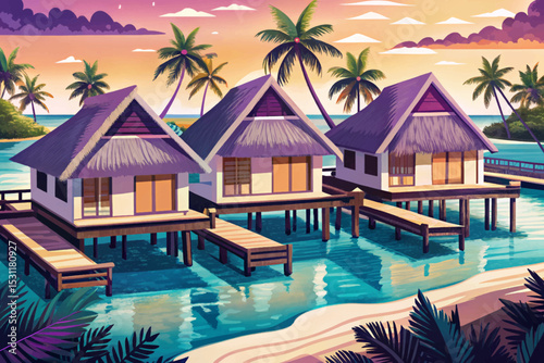 Vector illustration of Maldives overwater bungalows surrounded by turquoise sea, clear skies, and tropical paradise setting perfect for luxury island vacation escape