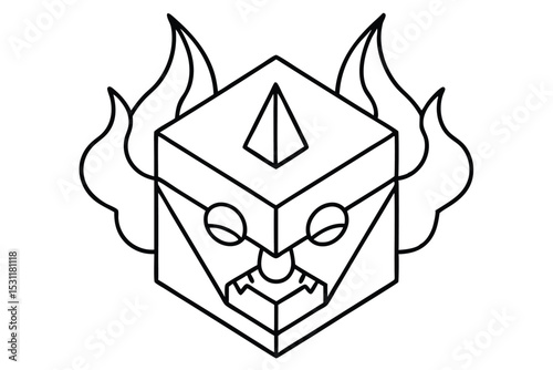 Abstract vector illustration of a geometric monster with flames emerging from a cuboid head