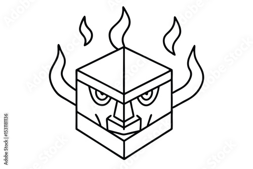 Geometric demon illustration featuring fiery flames and angry eyes in a bold and minimalist black and white design