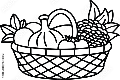 Black and white illustration of a woven basket overflowing with fresh fruits and vegetables representing harvest season