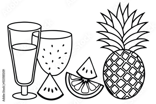 Black and white illustration of assorted fresh fruits and refreshing beverages ideal for summer and healthy living