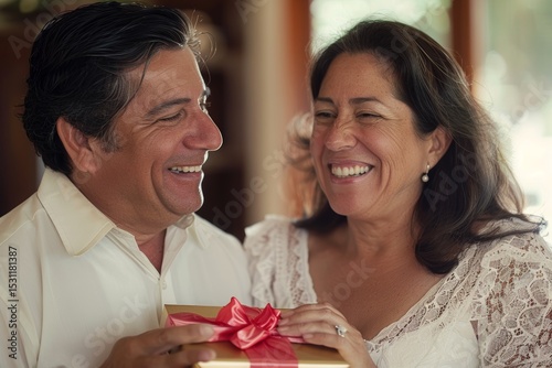 Portrait of a smiling latino couple in their 40s exchanging romantic gifts on a special occasion