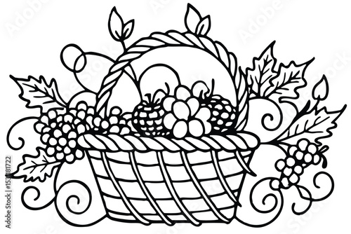 A detailed black and white illustration of a woven basket filled with fresh apples and grapes