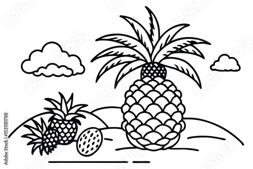Artistic black and white illustration featuring a detailed pineapple composition with tropical fruits and fluffy cloud elements
