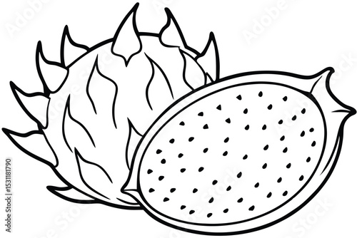 Simple black and white line art illustration of a delicious dragon fruit whole and sliced