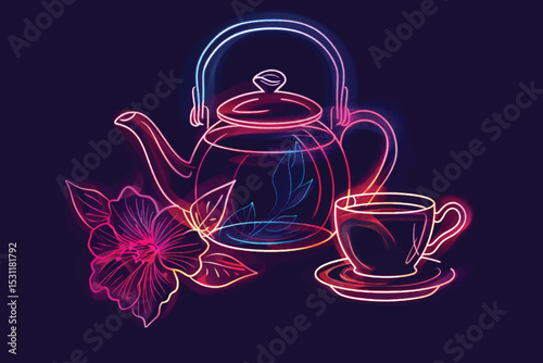 Neon lights. Set of Cappuccino, Latte coffee and Doppio icons. Teapot sign. Espresso cup, Hot drink with whipped cream, Coffee drink. Tea kettle.  Glowing graphic designs. Vector