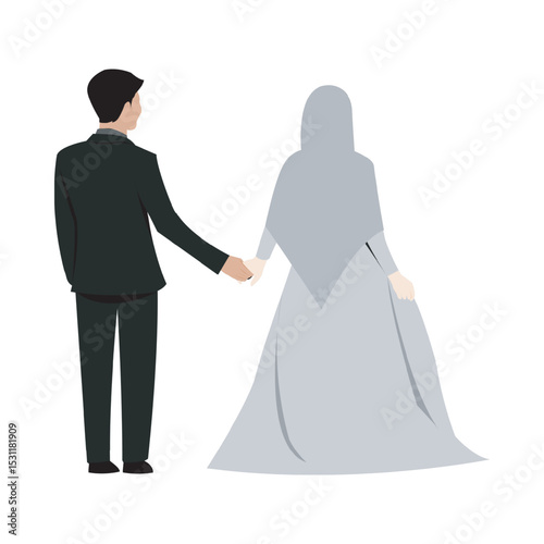 Muslim wedding couple holding hands islamic marriage illustration vector graphic