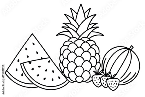 Black and white outline illustration of summer tropical fruits pineapple watermelon strawberry and gooseberry