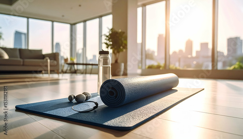 Blue Yoga Mat and Water Bottle on Wooden Floor with City View