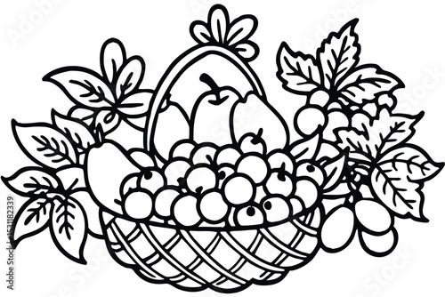 Black and white illustration of a basket filled with apples pears grapes and berries decorative arrangement