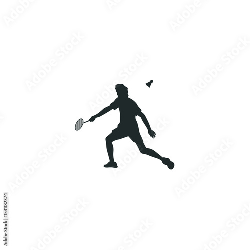 Badminton player silhouette with racket and shuttlecock in action stance