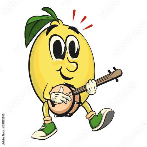 cute lemon mascot cartoon playing the banjo musical instrument, fun citrus character vector for summer, work of hand drawn