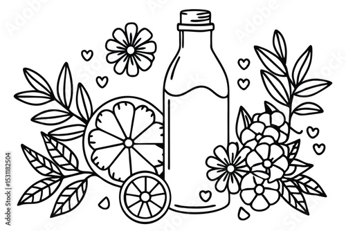 Hand drawn illustration of a refreshing citrus drink bottle adorned with floral and botanical elements