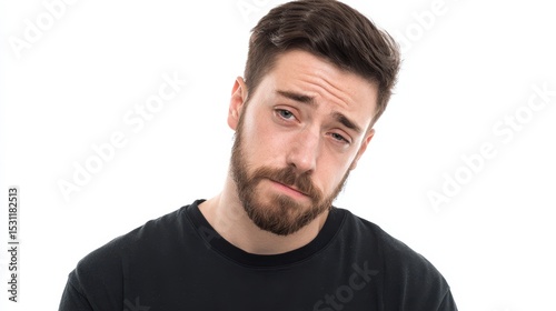 Sad young man portrait. Pensive expression, serious mood. Ideal for websites, social media, blogs.