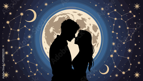 Romantic couple silhouette underneath a full moon and constellations perfect for love branding designs and romantic projects