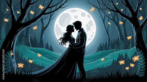 Romantic couple silhouette embracing underneath a full moon in a dark forest with glowing flowers design