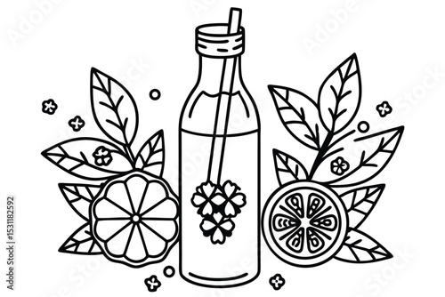 Vector illustration of refreshing summer lemonade with lemons leaves flowers and straw in a minimalist style