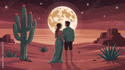 Romantic desert night scene featuring a couple silhouetted against a full moon cactus and desert landscape design