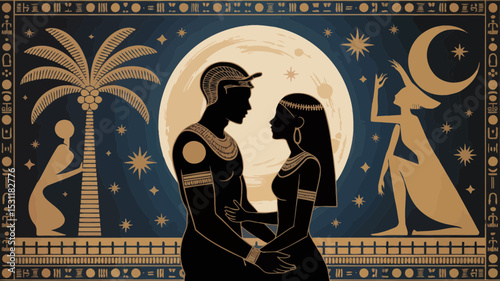 Elegant egyptian couple silhouette design romantic night moon stars palm tree ancient art graphic