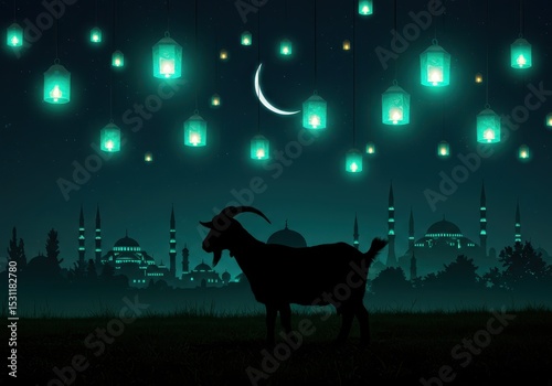 Eid al-adha celebration with goat silhouette, lanterns, and mosque background