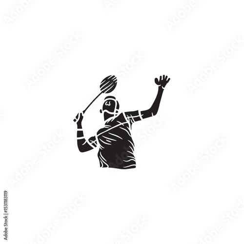 Black silhouette of a badminton player serving with racquet overhead