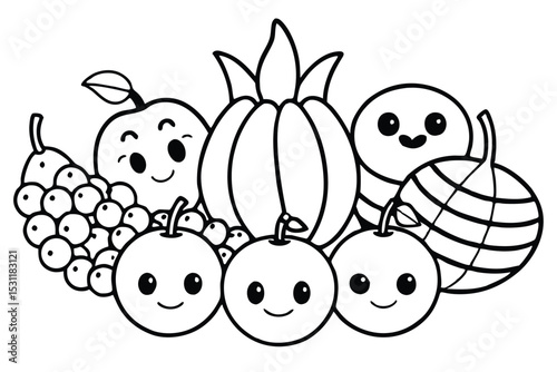 Cute cartoon fruits in black and white featuring apples grapes and smiling characters for children
