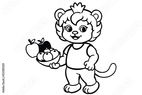Adorable cartoon bear character with crown holding a bowl of apples perfect for children's book illustration