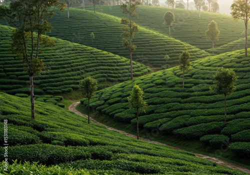 Lush green tea plantation with trees and winding path in the morning light
