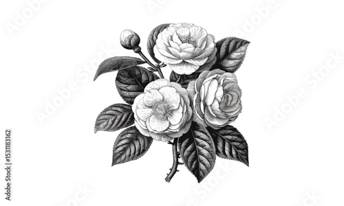 Camellia Japonica vector illustration, beautiful flower design, floral artwork, nature illustration, botanical art, blooming flowers, Japanese camellia, floral patterns, flower art print.