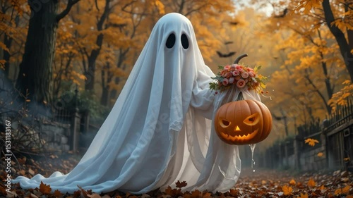 Halloween featuring a ghost wrapped in white cloth holding a carved pumpkin against a fall background with flying bats. 4k video
