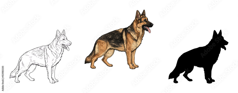 Obraz premium German Shepherd Dog Vector Set – Minimalist, Silhouette & Engraved Styles | High-Quality Line Art for T-Shirts, Stickers & Stock Design