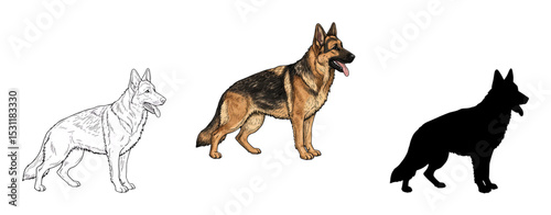 German Shepherd Dog Vector Set – Minimalist, Silhouette & Engraved Styles | High-Quality Line Art for T-Shirts, Stickers & Stock Design

