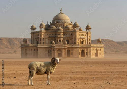 Ram stands in desert landscape with bibi ka maqbara mausoleum in background