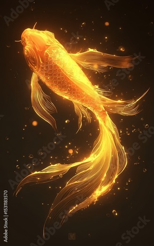 Golden Koi Fish Illuminated with Radiant Light in a Dark Background
