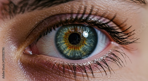 Macro shot of a human eye with green and yellow iris and long lashes