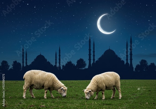 Two sheep graze on green grass with mosque silhouette and crescent moon