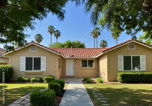 Tan home with red tile roof and palm trees in the background on a sunny day